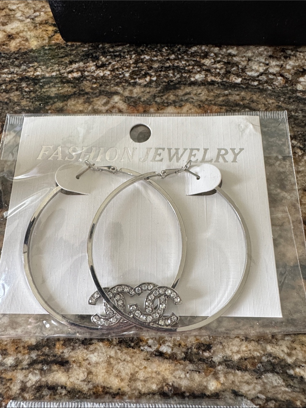 Silver Hoop Earrings with Crystal Logo Accent - Fashion Jewelry